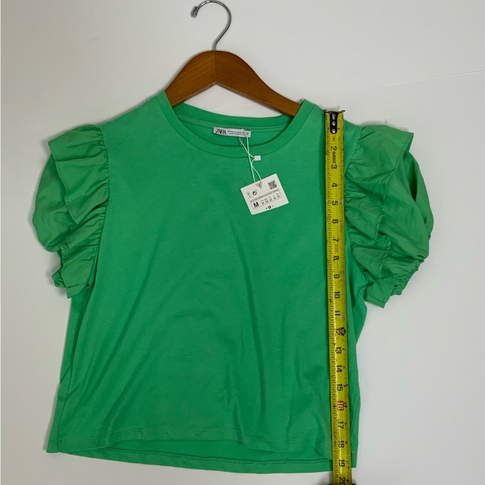 Zara Emerald Green Ruffle Puff Sleeves Top Sz M Stretch Blouse - Picture 9 of 10